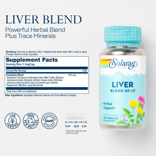 Solaray Liver Blend Sp-13, Traditional Liver Cleanse Detox & Repair Support With Milk Thistle, Dandelion, Burdock, Artichoke Leaf, Kelp, Peppermint, And Trace Minerals, 100 Servings, 100 Vegcaps