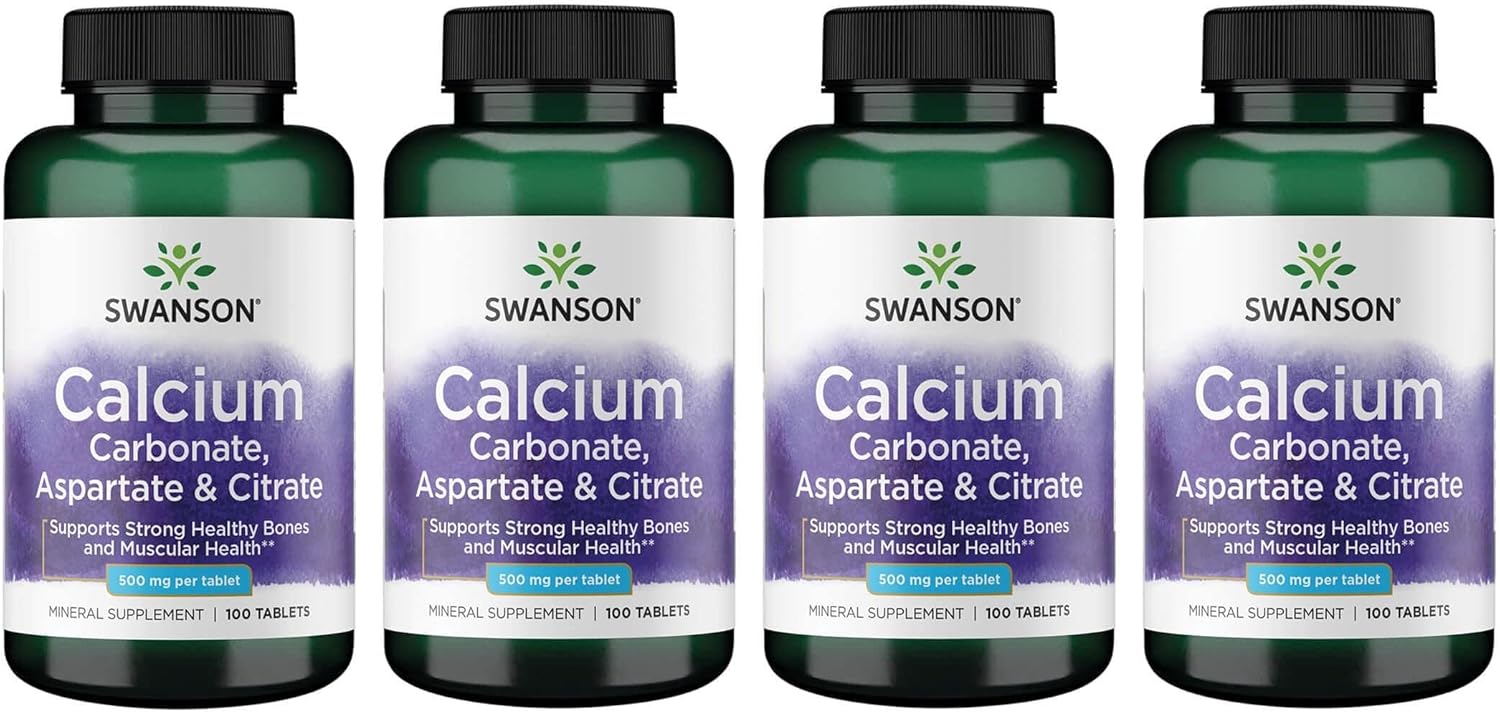 Swanson Calcium (Carbonate Aspartate & Citrate) 500 Milligrams 100 Tabs (4 Pack)