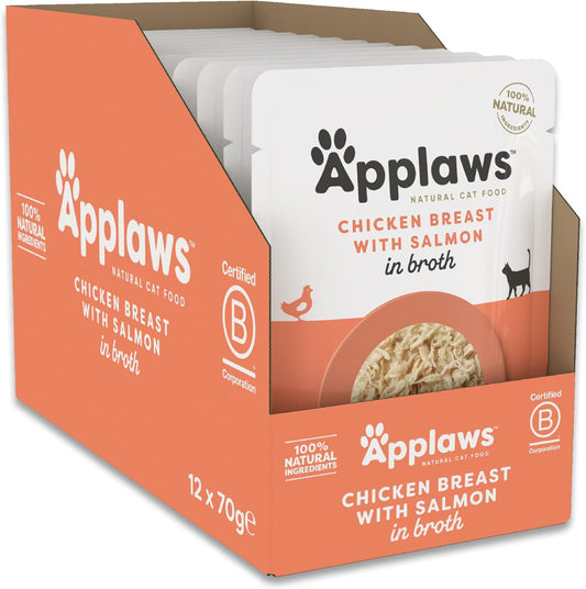 Applaws 100% Natural Adult Wet Cat Food, Chicken with Salmon in Broth 70g Pouch, (12 x 70 g Pouches)