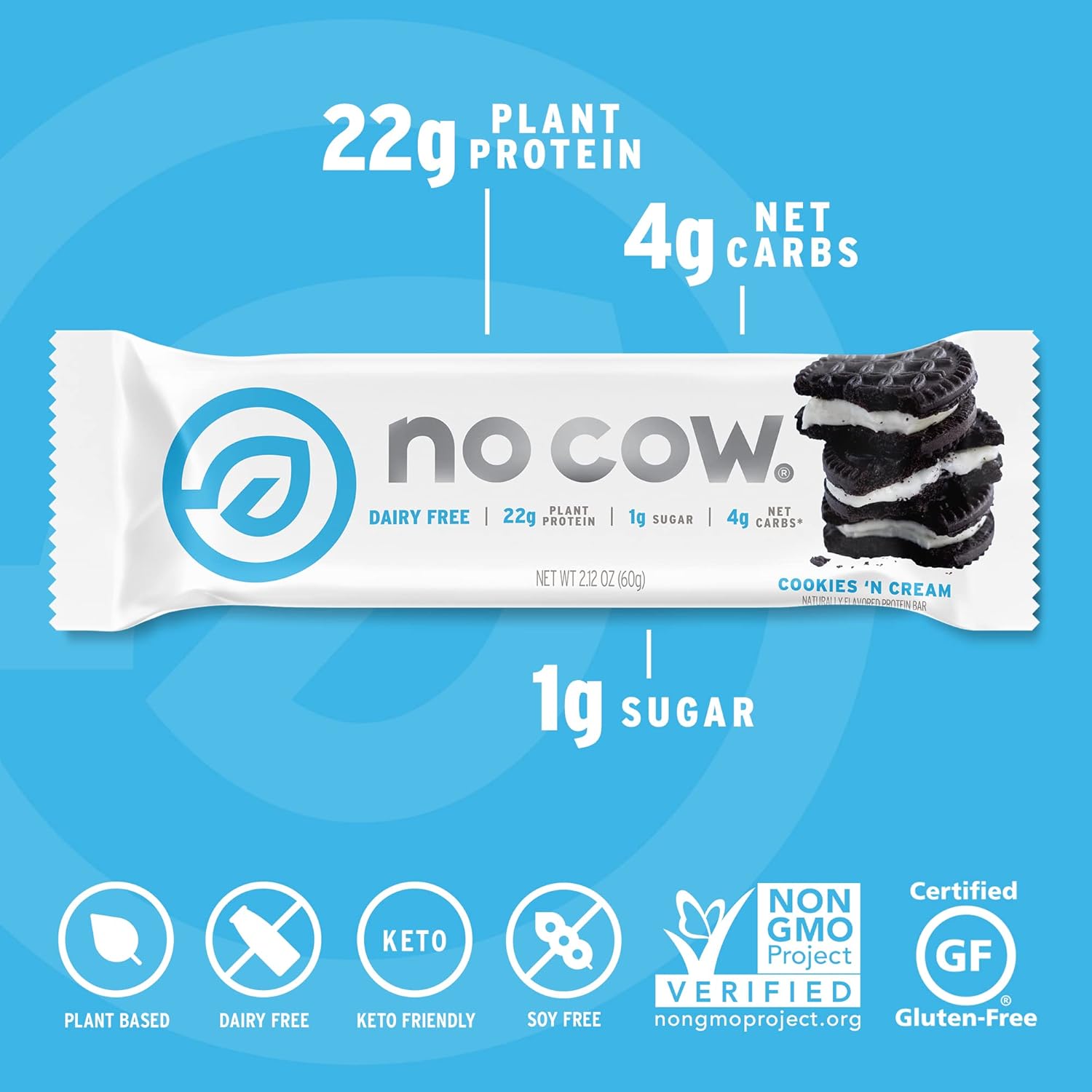 No Cow High Protein Bars, Cookies 'N Cream - Healthy Snacks, 20g Vegan Protein, High Fiber, Low Sugar, Keto Friendly, Dairy & Gluten Free (12 Count) : Health & Household