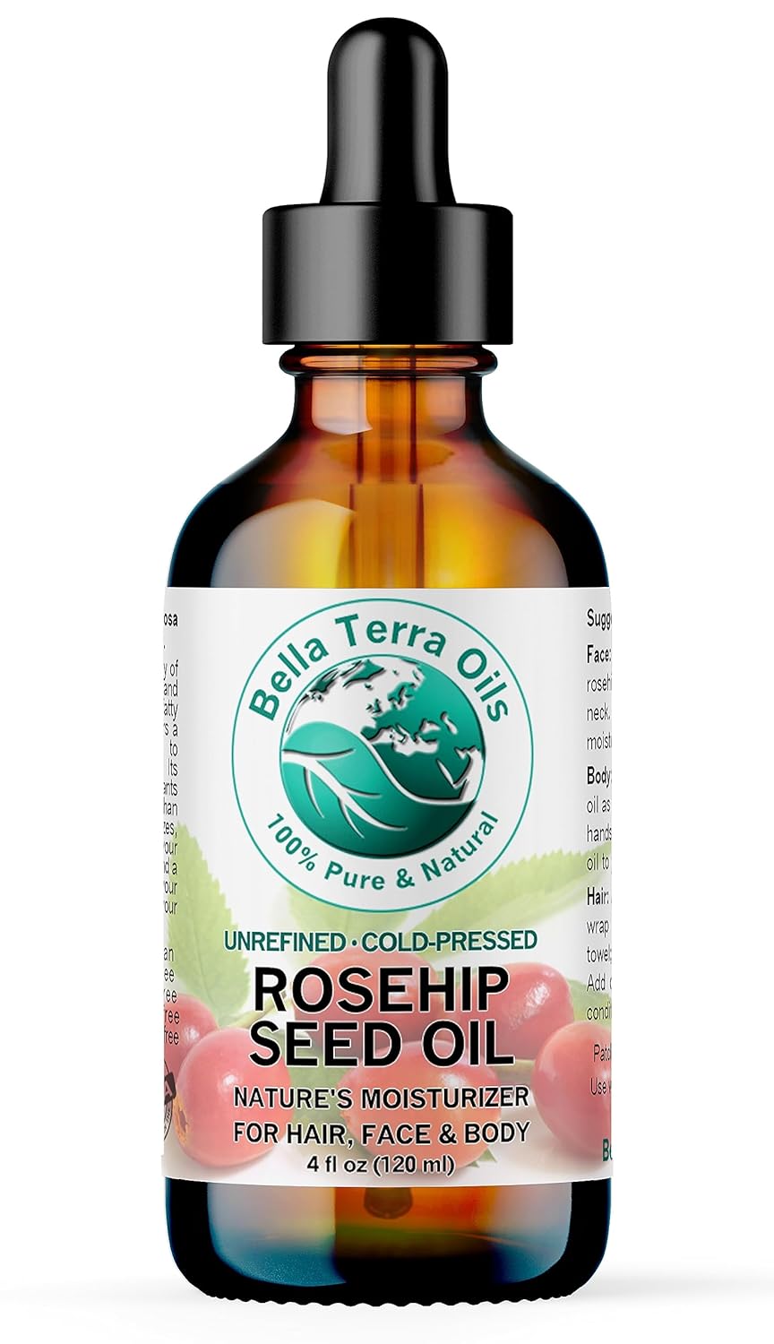 Bella Terra Oils - Organic Rosehip Oil 4 oz - Hailing from the Finest Rosa Mosqueta, Abundant in Omega-6 & Omega-3 Fatty Acids, Pure Radiance for Face