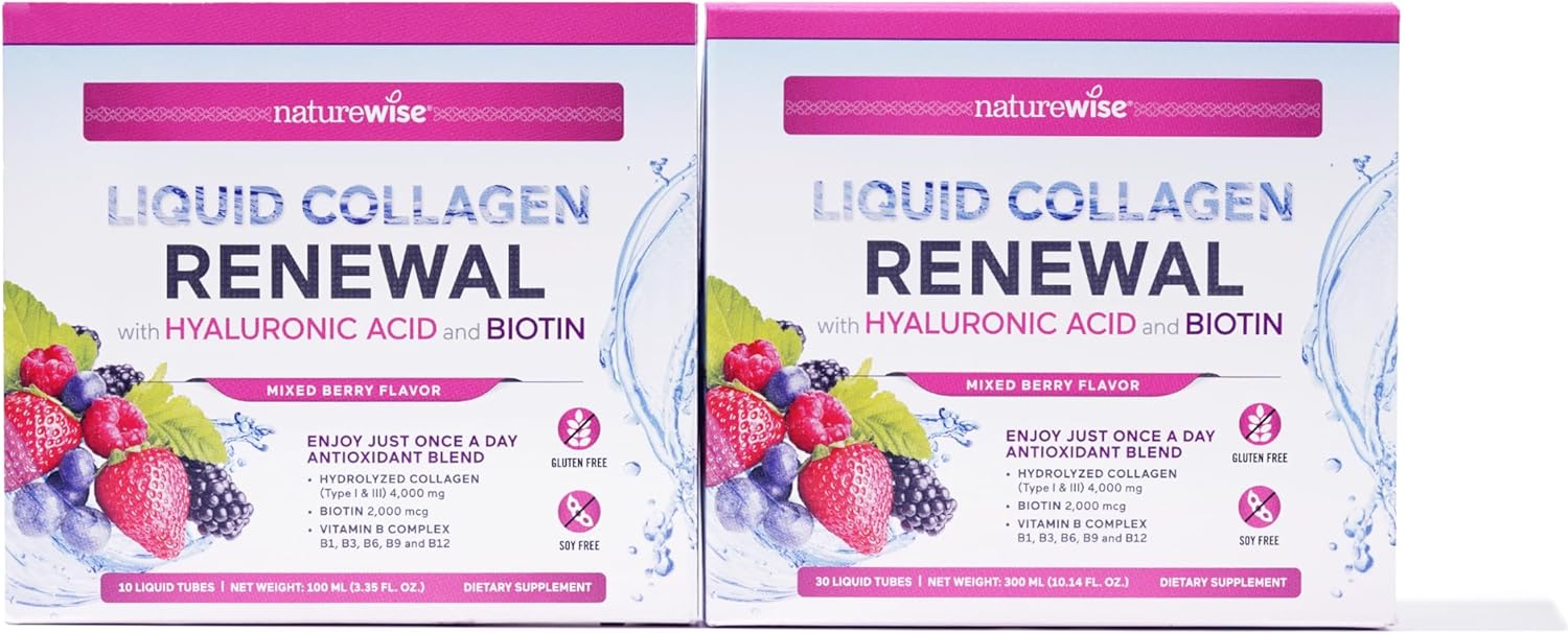 NatureWise Liquid Collagen for Women 4000mg, Collagen Peptides with Biotin for Hair, Skin and Nails + Vitamin C + Vitamin B Complex - Collagen Type 1 & 3 - Low Sugar - Mixed Berry Flavor - 10 Tubes : Health & Household