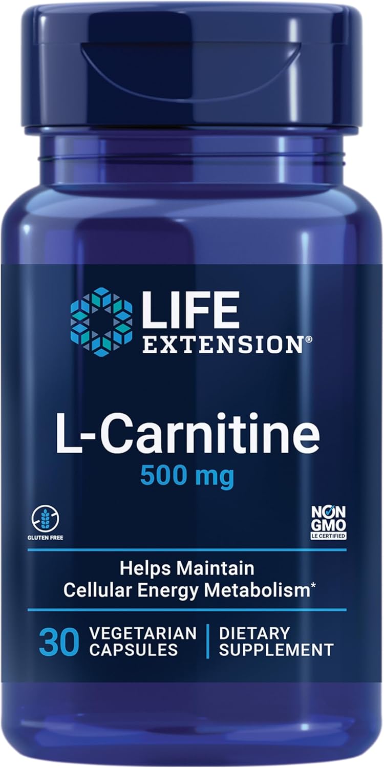 Life Extension L-Carnitine – 500 Mg, Energy Supplement, Memory Supplement – Free Form Amino Acid, Nitric Oxide Support, Healthy Blood Pressure – Gluten-Free, Non-Gmo, Vegetarian – 30 Capsules