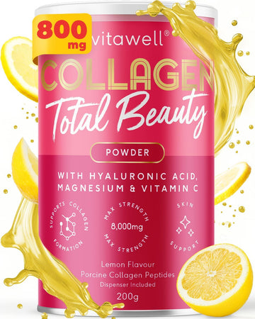 Vitawell Collagen Total Beauty Powder Supplement For Women | 8,000Mg Hydrolysed Collagen Peptides Powder With Vitamin C + Magnesium + Hyaluronic Acid | Non-Gmo 200G (Lemon Flavour)