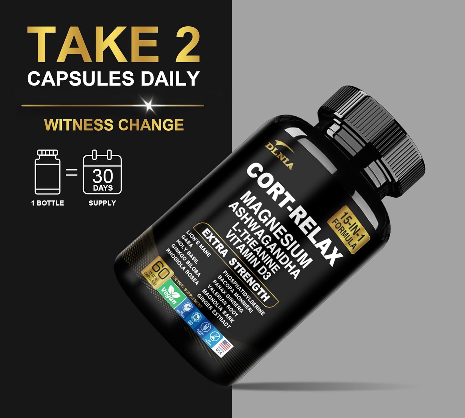 Dlnia Super Calm Cortisol Supplement With Magnesium Glycinate, Ashwagandha Ksm-66, L-Theanine, Phosphatidylserine, Ginkgo Biloba & Lions Mane For Calm, Focus, Mental Clarity, Relaxation, Sleep, Energy : Health & Household