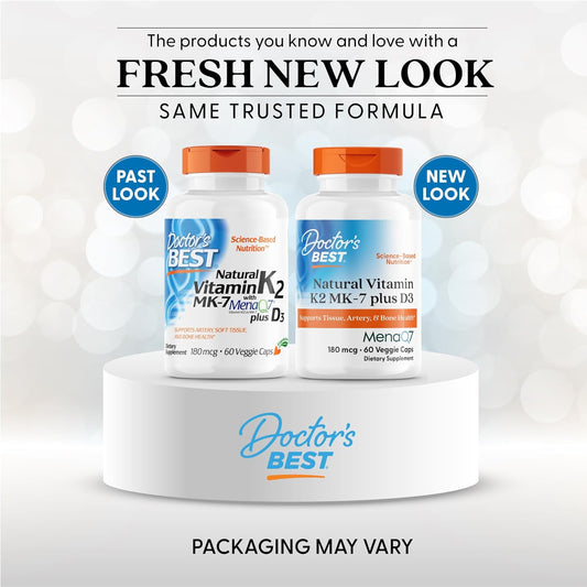Doctor'S Best Natural Vitamin K2 With Mk-7, 180Mcg Plus D3 1000Iu, Non-Gmo, Gluten Free, Vegetarian, Soy Free, 60 Veggie Caps