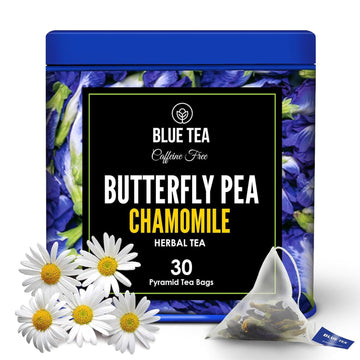 Blue Tea - Butterfly Pea Flower Tea - Chamomile - 30 Count - Plant Based Tea Bag | Super Anti-Oxidant | Caffeine Free - Flower Based - Calming Tea - Non-Bitter - Vegan - Non-Gmo | Tin Packaging