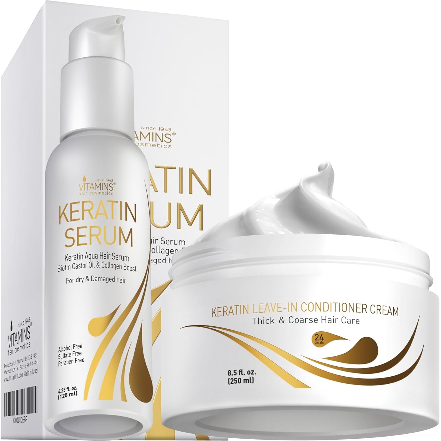 Vitamins Keratin Thick Hair Leave-In Conditioner and Hair Serum Kit - No Rinse Moisturizing Cream and Anti Frizz Gloss Boost for Dry Damaged Curly Wavy and Straight Thick Hair - Pro Salon Hair Care