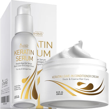 Vitamins Keratin Thick Hair Leave-In Conditioner and Hair Serum Kit - No Rinse Moisturizing Cream and Anti Frizz Gloss Boost for Dry Damaged Curly Wavy and Straight Thick Hair - Pro Salon Hair Care