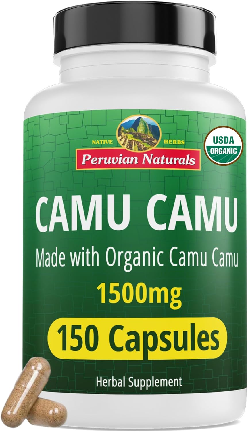 Peruvian Naturals Organic Vitamin C Supplement From Camu Camu Capsules 1,500Mg - 150 Vegan Pills, Natural Whole Food Vitamin C From Raw Berry Organic, Non-Gmo
