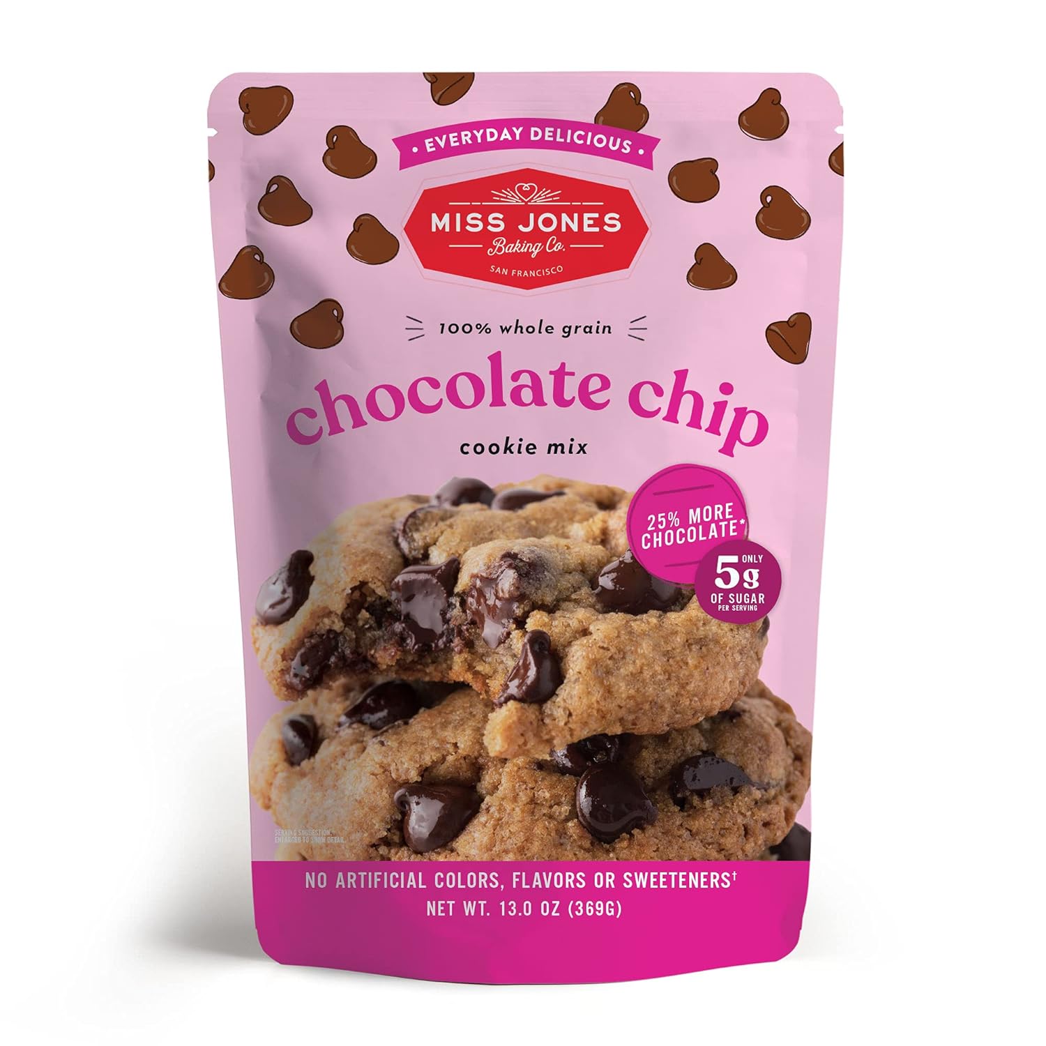 Miss Jones Baking Chocolate Chip Cookie Mix - Whole Grains, More Chocolate Chips, 50% Lower Sugar, Naturally Sweetened Desserts & Treats, 13 Ounce (Pack of 1)