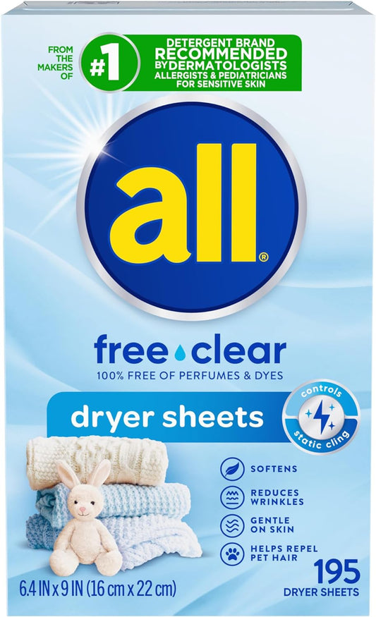 All Fabric Softener Dryer Sheets For Sensitive Skin, Free Clear, 195 Count