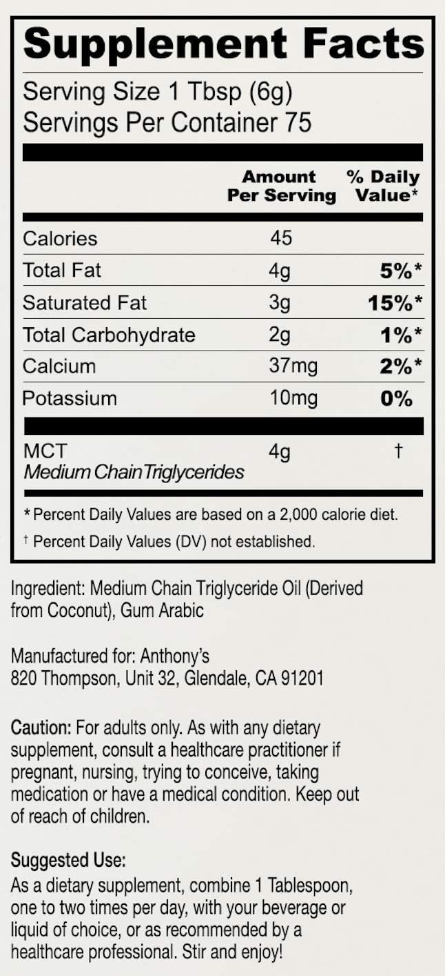 Anthony's Premium MCT Oil Powder 56% C8 Caprylic, 42% C10 Capric, 1 lb, Gluten Free, Non GMO, Keto Friendly : Health & Household