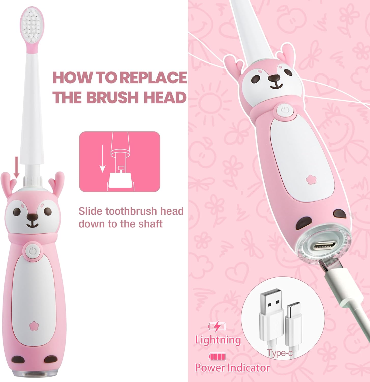 Vekkia Toddler Electric Toothbrush for Age 3+, 3 Memory Modes with LED Light, Toddler Toothbrush with Deer Shape and 2-Min Brushing Timer, 4 Soft Bristles(Pink) : Health & Household