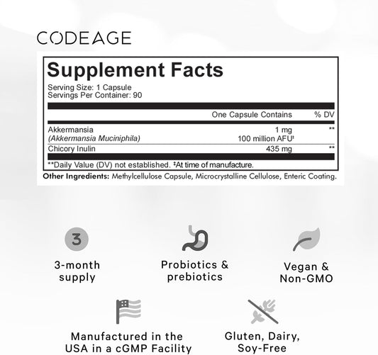 Codeage Akkermansia Muciniphila Probiotic Supplement - 3-Month Supply Of Akkermansia Probiotic & Chicory Inulin - Daily Synbiotic Probiotic Chicory Root - 100 Million Afus - Gluten-Free - 90 Capsules