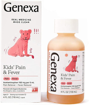 Genexa Kids' Acetaminophen Pain & Fever Oral Suspension Medicine - 4Oz - For Children 2 - 11 Years Old, Temporarily Relieves Pain And Fever Symptoms, 160 Mg Per 5 Ml- Organic Blueberry Flavor