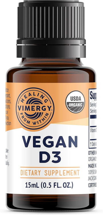 Vimergy Usda Organic Vegan Vitamin D3 Extract, 96 Servings – Supports Strong Bones & Healthy Immune System – Alcohol Free Liquid Vitamin D3 Drops - Gluten-Free, Non-Gmo, Kosher, Vegan & Paleo (15 Ml)