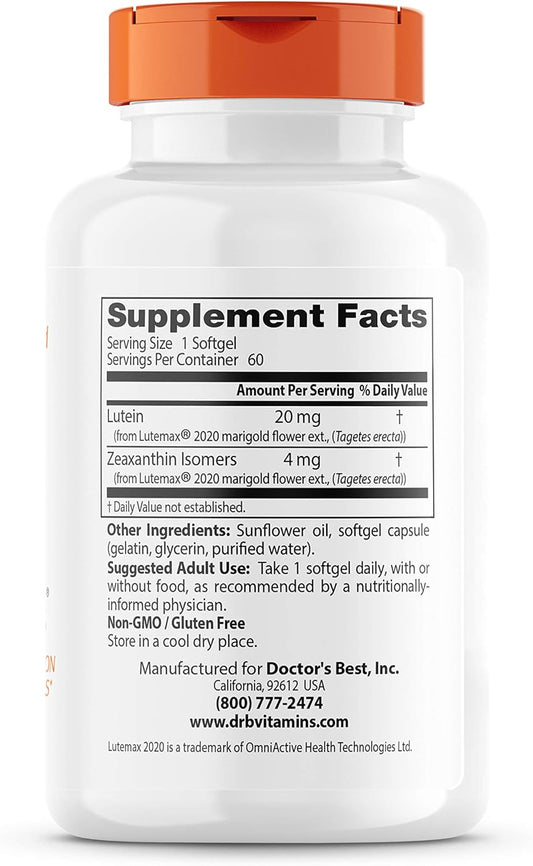 Doctor'S Best Lutein Featuring Lutemax, Non-Gmo, Gluten Free, Eye Health, 20 Mg, 60 Softgels