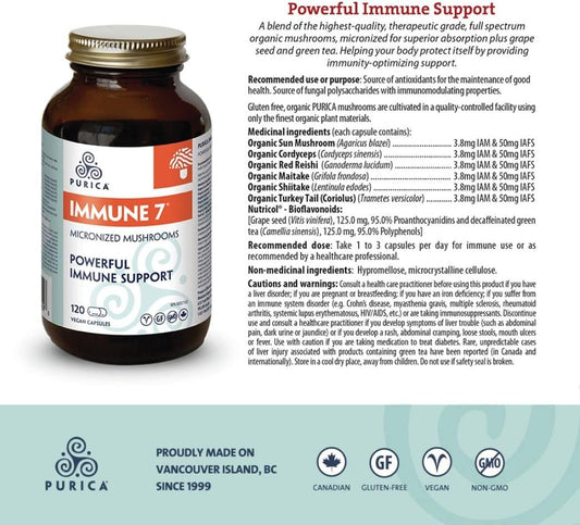 PURICA Mushroom Supplement Complex - Daily Immune Support 7, Turkey Tail, Cordyceps, Reishi, Maitake, Shiitake, Sun Mushroom - Functional Mushroom Vitamins in Capsules, Mushroom Supplements for Health