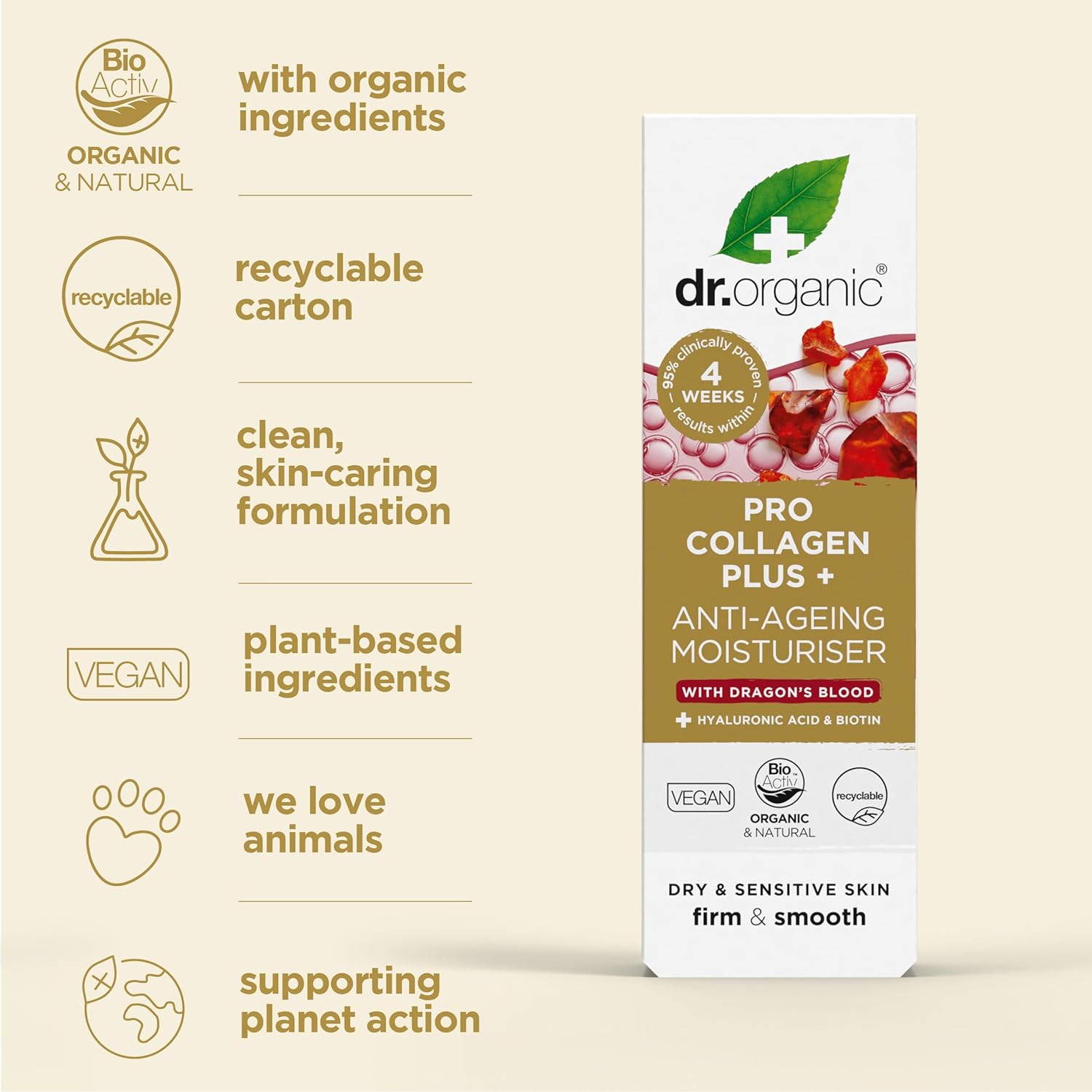 Dr. Organic Pro Collagen Plus + Anti-Ageing Moisturiser With Dragon’S Blood | Reduces Wrinkles, (Dry & Sensitive Skin) Natural, Certified Organic, Paraben & Sls-Free, 50 Ml / 1.7 Fl Oz : Beauty & Personal Care