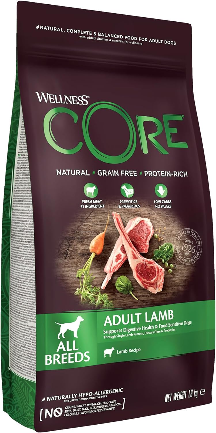 Wellness CORE Adult Lamb, Dry Dog Food, Dog Food Dry for Healthy Digestion, Grain Free with High Meat Content, Lamb, 1.8 kg?10787