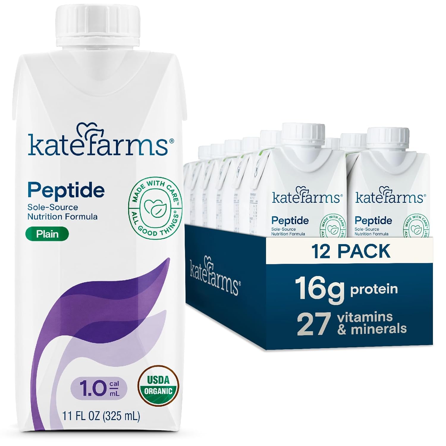 Kate Farms Adult Peptide, Sole-Source Nutrition Formula, Organic Enzymatically Hydrolyzed Plant-Based Protein Drink, Vegan Meal Replacement for Oral and Tube Feeding, Case of 12, (Plain 1.0 cal/mL)