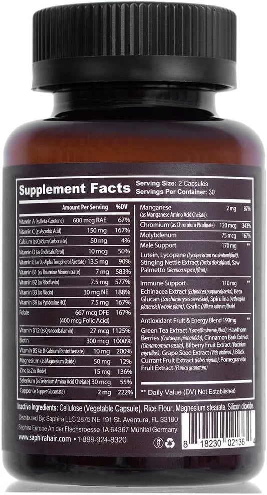 Saphira Hydrating Hair Support Supplement For Dry Damaged Hair With Copper And Calcium, 60 Capsules, 1 Month Supply