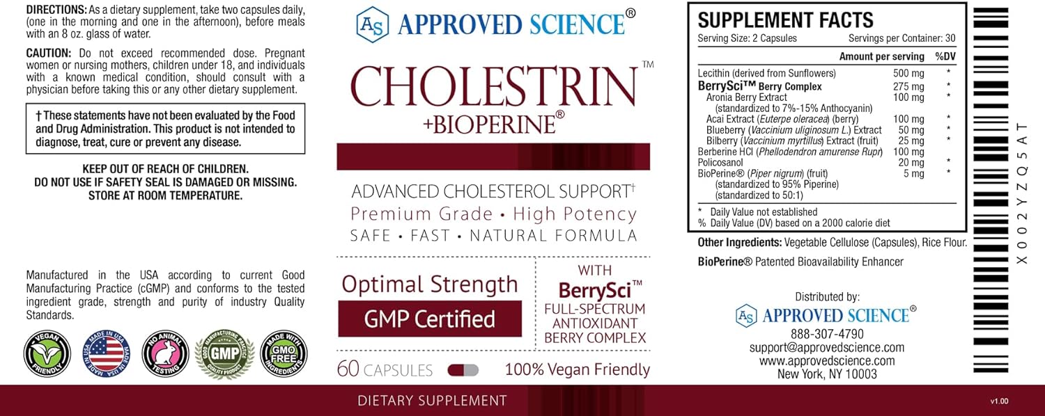 Approved Science® Cholestrin - Cholesterol Supplement - Support Cholesterol Levels - Rich in Antioxidants with Lecithin, Berberine HCL, Baca-Sci™ Berry Complex - 60 Capsules - Made in USA : Health & Household