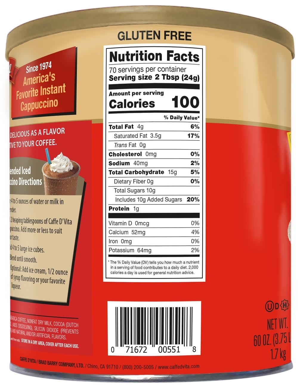 Caffe D'Vita Mocha Cappuccino Mix - Mocha Powder Mix, Instant Cappuccino Mix, Gluten Free, No Cholesterol, No Hydrogenated Oils, No Trans Fat, 99% Caffeine Free, Mocha Mix - 60 Oz : Grocery & Gourmet Food