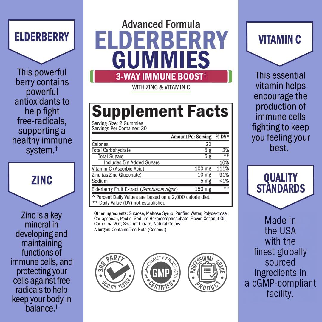 Elderberry Gummies With Zinc And Vitamin C For Adults & Kids - Natural Immune Support - Black Sambucus Elderberries - Powerful Multiminerals Supplement - Gluten-Free, Non-Gmo, Vegan Friendly, 60Ct : Health & Household