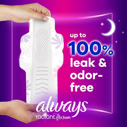 Always Radiant Flexfoam Pads For Women, Size 5, Extra Heavy Overnight Absorbency, 100% Leak & Odor Free Protection Is Possible, With Wings, Scented, 26 Count