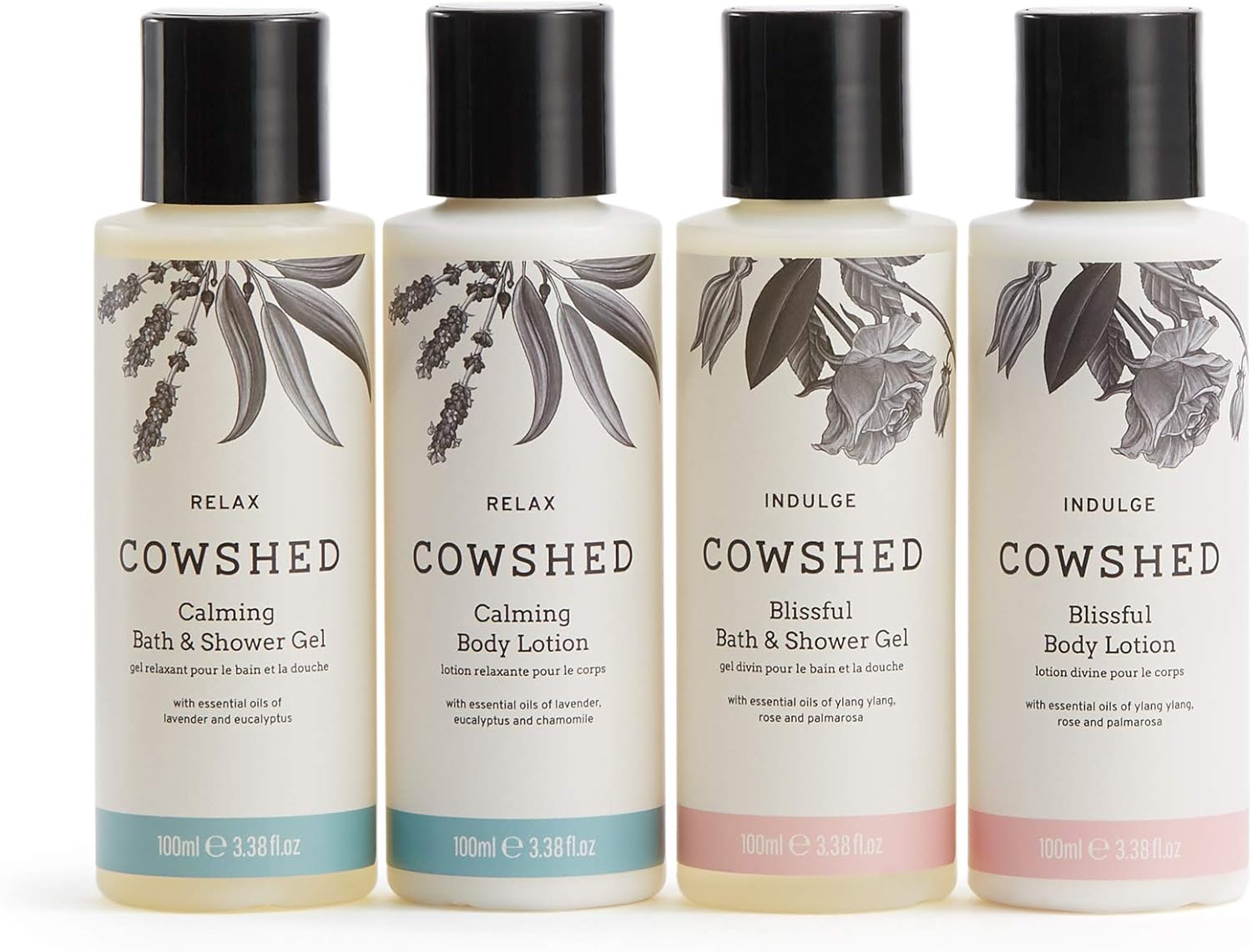 Cowshed Fab Four Set - 4 X 100 Ml - Luxury Gift Sets For Women - Calming Bath & Shower Gel - Calming Body Lotion - Blissful Bath & Shower Gel - Blissful Body Lotion - Travel-Friendly Set