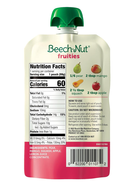 Beech-Nut Baby Food Pouches, Pear Mango Squash Fruit Puree Baby & Toddler Food, 3.5 Oz (12 Pack)