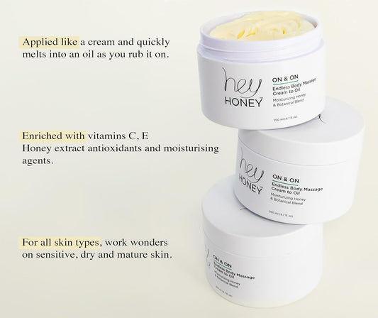 Hey Honey On And On Unique Cream To Oil Formula | Complete Body Moisturizer | Vitamin E, Vitamin C | Non-Greasy 48 Hours Active Hydration | Moisturizing Honey Extracts & Botanicals | 6.7 Oz