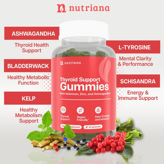 Thyroid Support Gummies - Selenium Supplement & Iodine Supplements For Thyroid Support - Energy Booster For Women And Men - Hypothyroidism Supplements With Metabolism Support