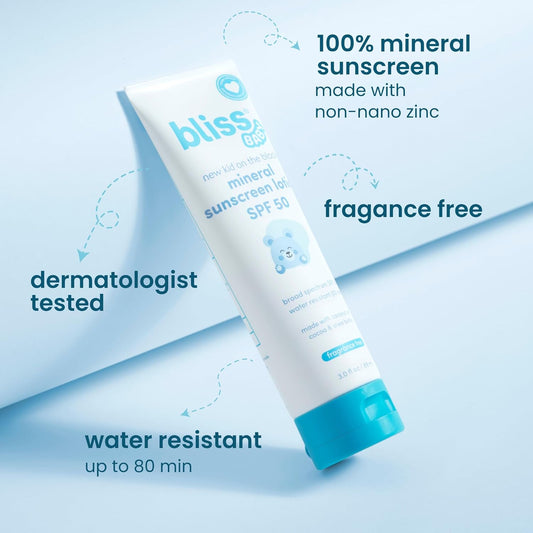 Bliss Baby Sunscreen, Premium Spf 50 Sunscreen Mineral Lotion, Natural Zinc Oxide, Hypoallergenic, Non-Toxic, Water-Resistant, Vegan, Sensitive Skin - For Babies, Toddlers, Kids & Whole Family