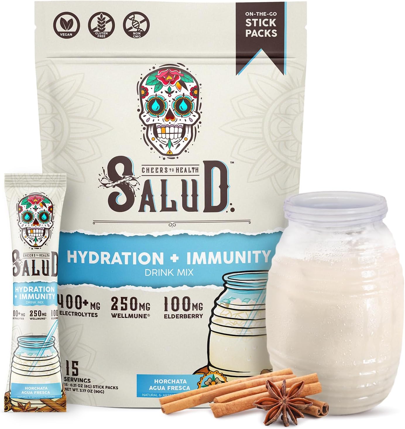 Salud 2-In-1 Hydration And Immunity Electrolytes Powder, Watermelon Margarita - 15 Servings, Agua Fresca Drink Mix, Elderberry, Dairy & Soy Free, Non-Gmo, Gluten Free, Vegan, Low Calorie, 1G Sugar