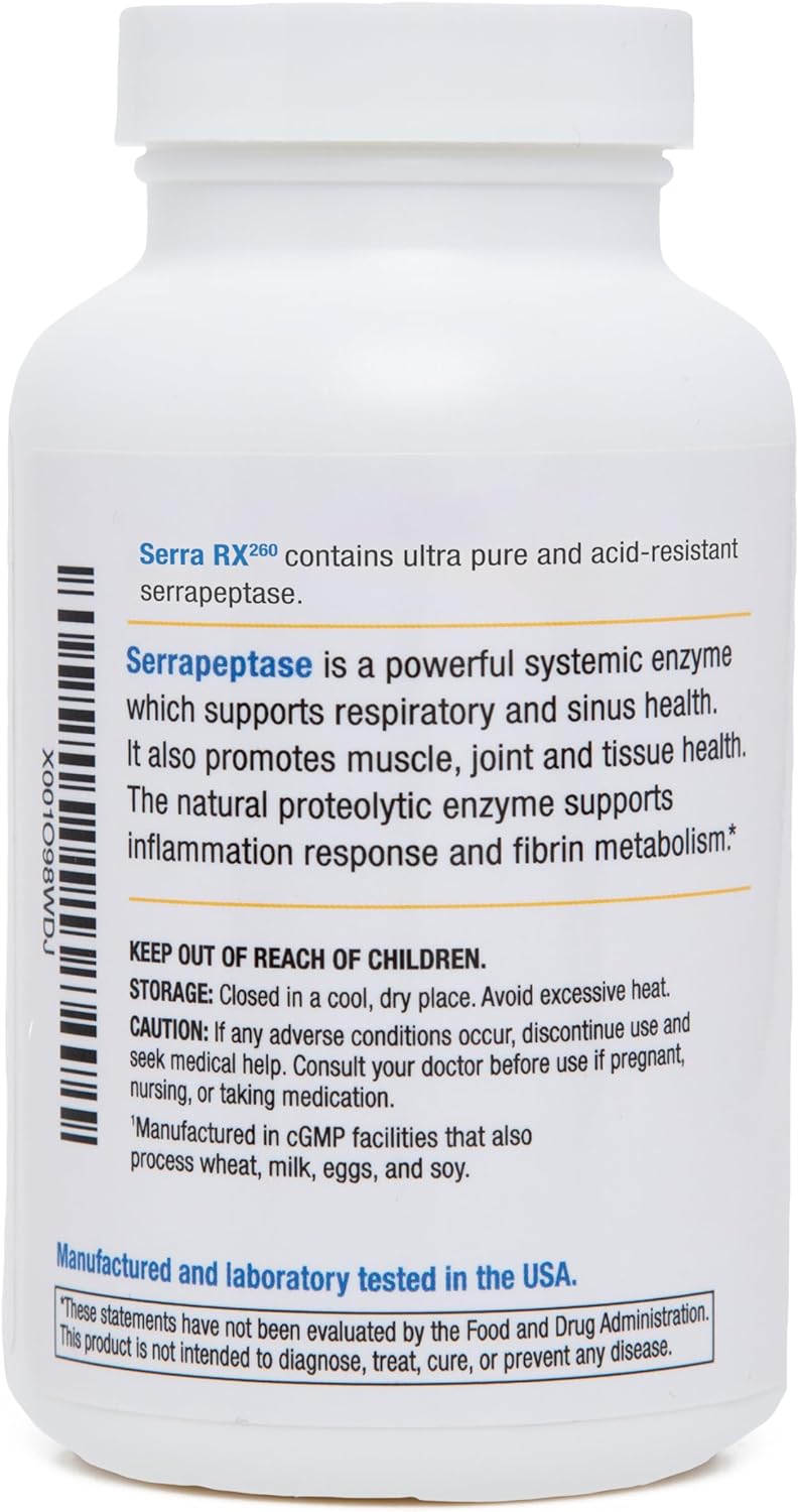 Serra-RX 260,000 SU Serrapeptase - Acid-Resistant Proteolytic Systemic Enzyme, Non-GMO, Gluten Free, Vegan, Supports Sinus, Immune & Lung Health, 120 Veg Capsules