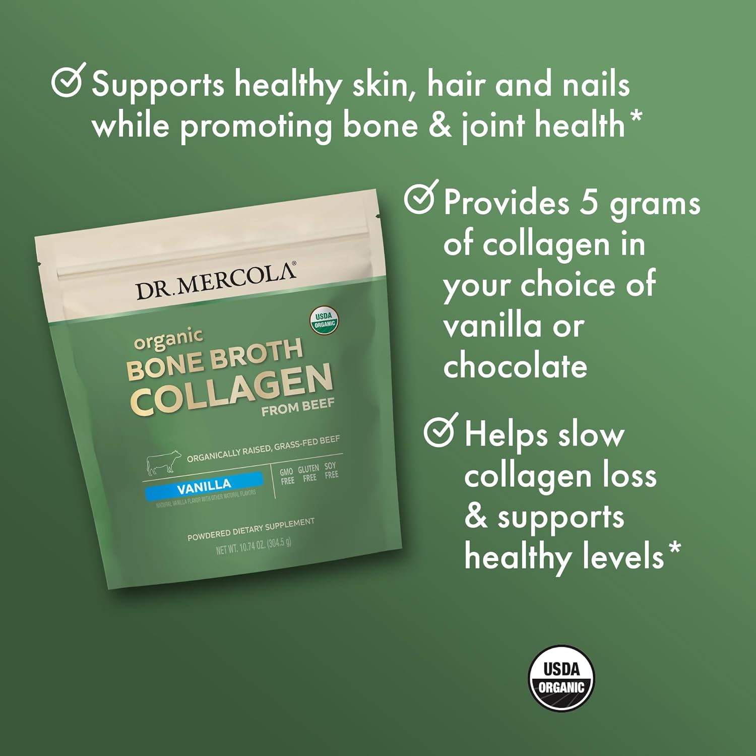 Dr. Mercola Organic Bone Broth Collagen Powder - Vanilla, 30 Servings (30 Scoops), Dietary Supplement, Supports Bone and Joint Comfort, USDA Organic, Non-GMO : Grocery & Gourmet Food