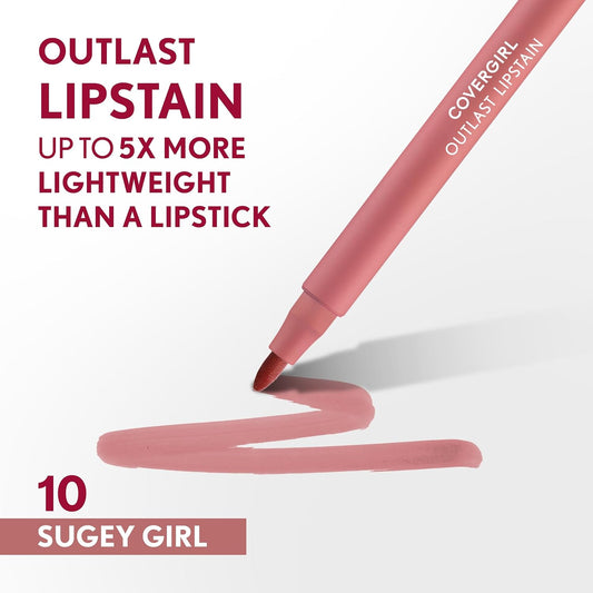 Covergirl Outlast, 10 Sugey Girl, Lipstain, Smooth Application, Precise Pen-Like Tip, Transfer-Proof, Satin Stained Finish, Vegan Formula, 0.06Oz