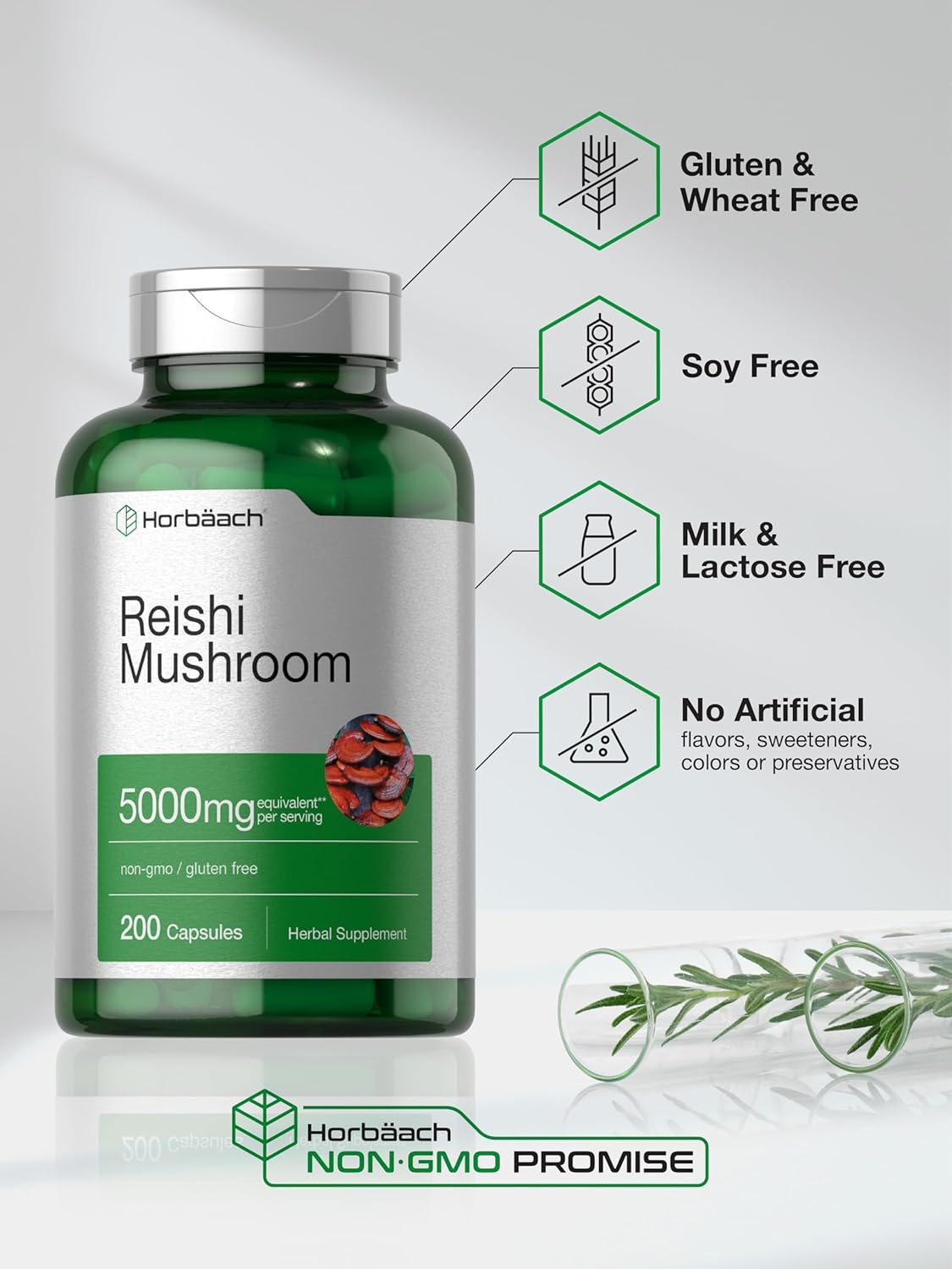 Horbäach Reishi Mushroom Capsules | 5000mg | 200 Count | Non-GMO and Gluten Free Extract Supplement : Health & Household