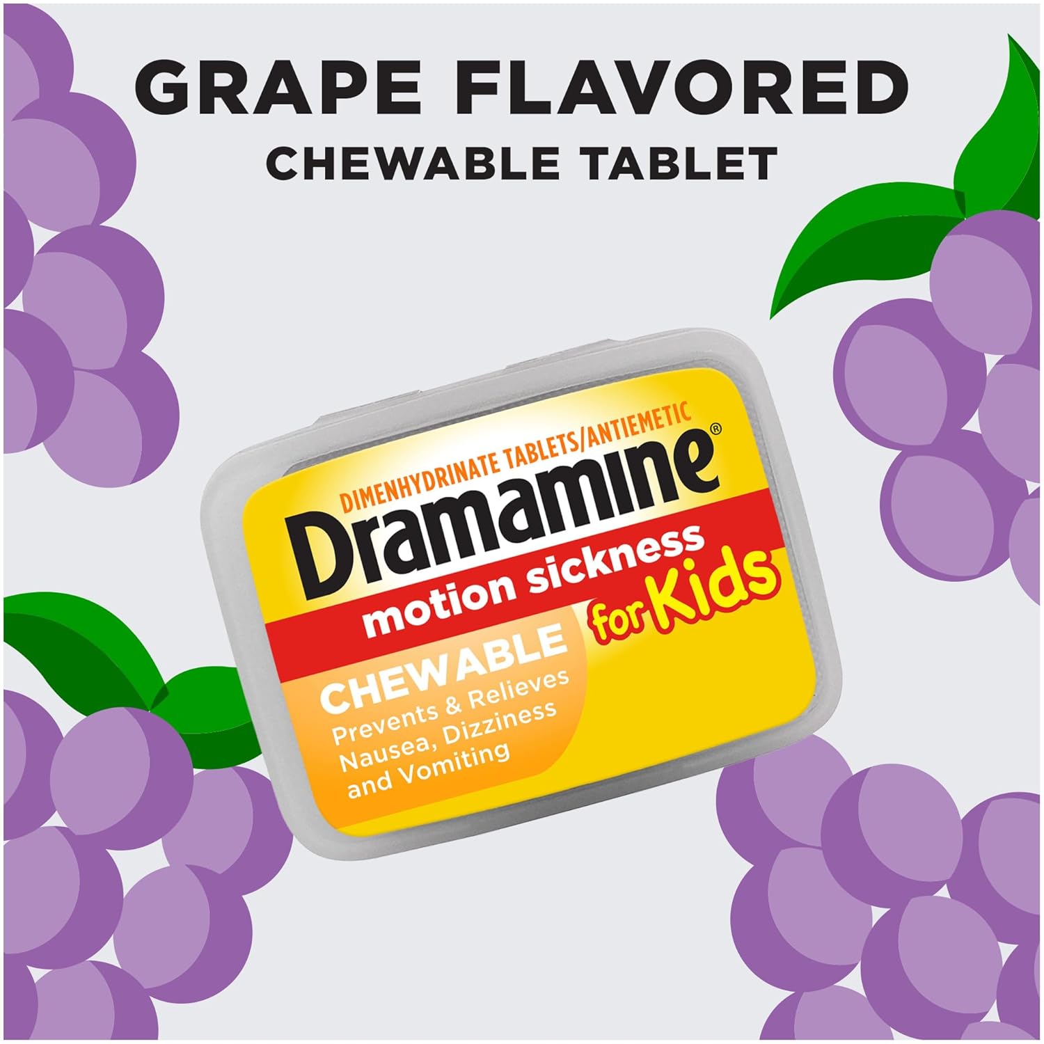 Dramamine Motion Sickness Relief For Kids - Chewable Grape Flavor, With Travel Case, 8 Count : Health & Household