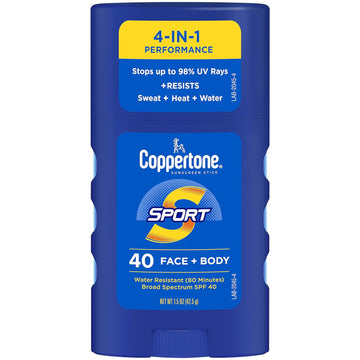 Coppertone SPORT Sunscreen Stick SPF 40, Water Resistant Stick Sunscreen, Travel Size Sunscreen for Face and Body, 1.5 Oz Stick