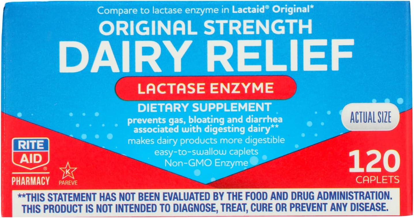 Rite Aid Fast Acting Dairy Relief Lactase Enzyme ? 120 Caplets | Lactase Enzyme Supplement | Lactose Intolerance Pills | Dairy Relief Pills | Digestive Enzyme Supplements | Digestive Enzymes