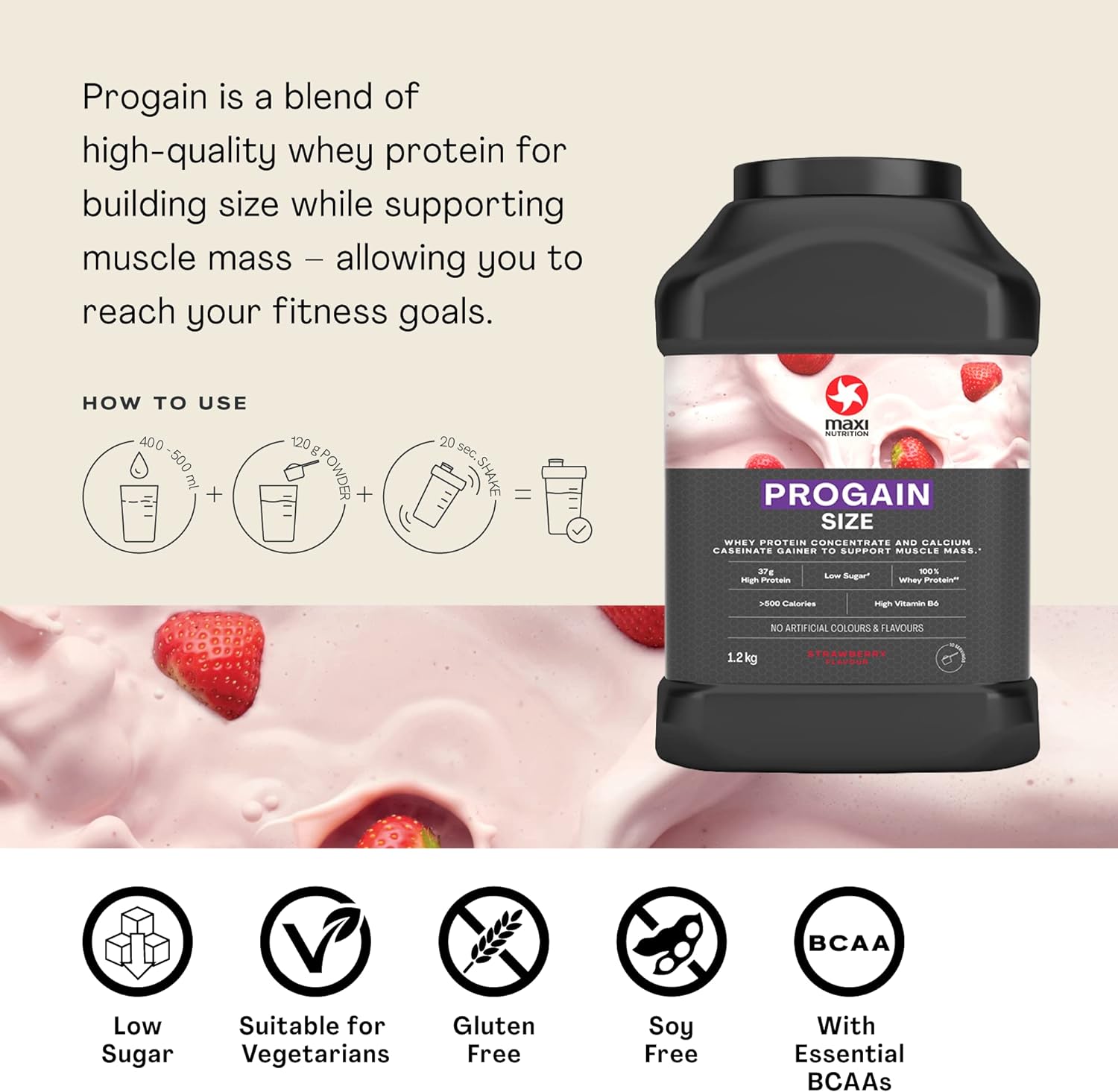 MaxiNutrition - Progain, Strawberry - Whey Protein Powder for Size & Muscle Mass – Low Sugar, Vegetarian-Friendly, 37g Protein, 511 kcal per Serving, 1.2kg