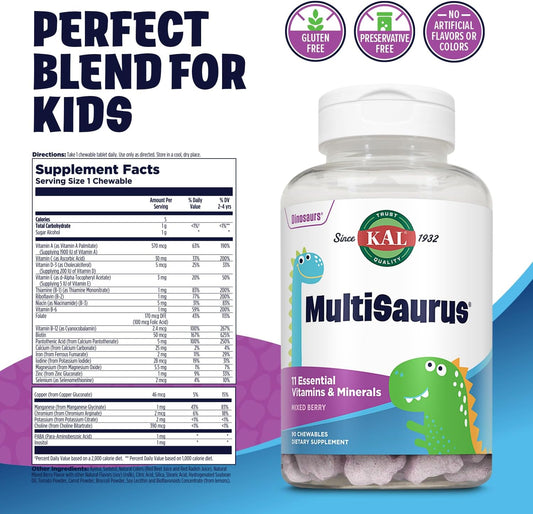Kal Multisaurus Kids Chewable Multivitamins, 11 Essential Vitamins And Minerals For Kids, Mixed Berry Flavor, Gluten And Preservative Free, 60 Servings, 60 Dinosaur-Shaped Chewables