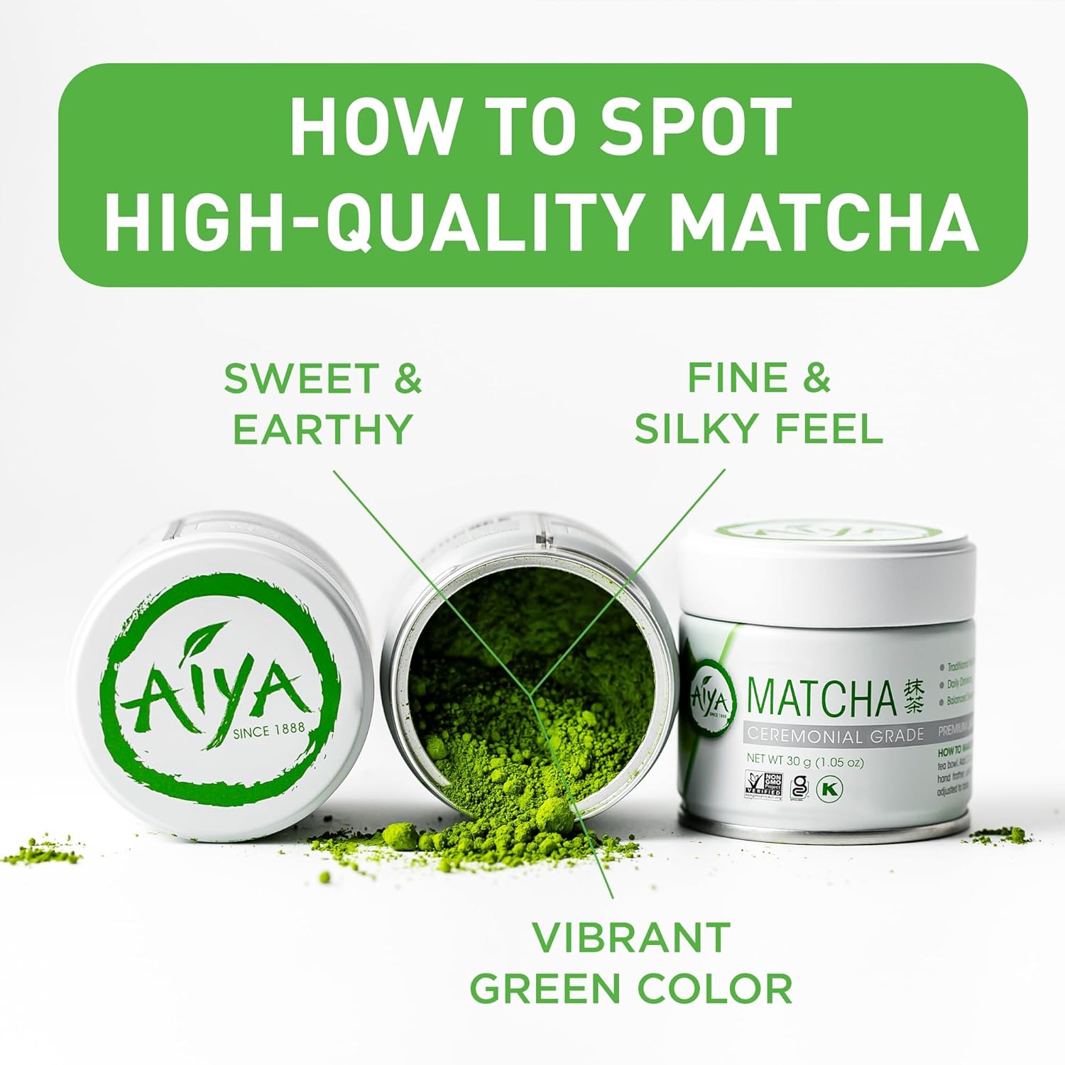 Aiya Authentic Japanese Premium First Harvest Ceremonial Grade Matcha Green Tea Powder - Vegan-Friendly, Zero Sugar, Gluten-Free - 30G Tin