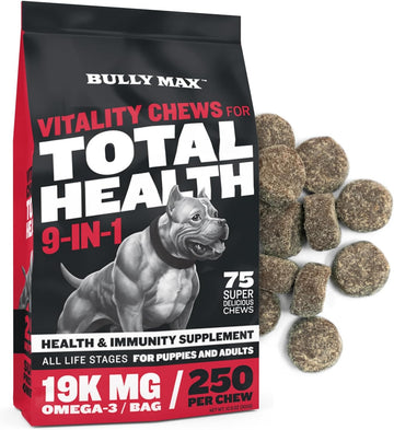 Bully Max 9-In-1 Total Health Dog Chews - Puppy & Adult Dog Multivitamin Treats - Omega 3 Vitamin Supplements For Immunity, Brain, Heart, Joint & Digestive Health For All Breeds - 75 Soft Chews/Bag