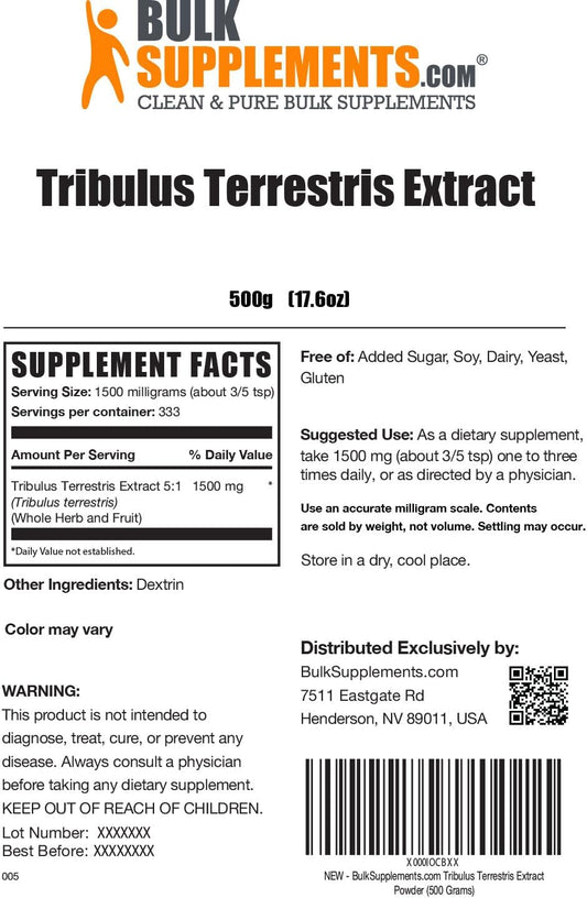 BULKSUPPLEMENTS.COM Tribulus Terrestris Extract Powder - Tribulus Terrestris Supplements, Tribulus Terrestris for Men & Women, Tribulus Terrestris Powder - 1500mg per Serving, 500g (1.1 lbs)