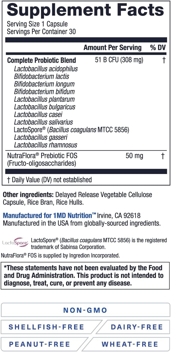 1MD Nutrition Complete Probiotics Platinum - w/Prebiotics and Probiotics for Digestive Health - Probiotic Supplement for Women & Men - More Than 50 Billion Live CFU 11 Strains Dairy-Free - 30 Caps : Health & Household